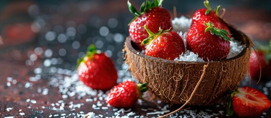 Close-up of a wooden bowl overflowing with fresh strawberries placed on a table surface.