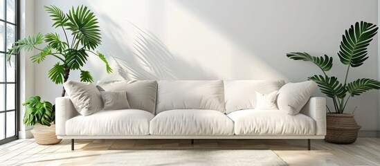 A white couch is the focal point of a modern living room, surrounded by lush green potted plants, creating a contemporary and stylish ambiance.