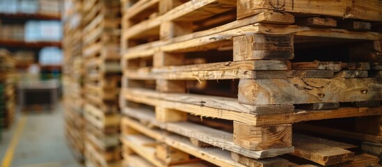 A stack of wooden pallets stored in a warehouse, ready for shipping and transportation.