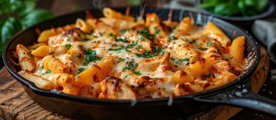 A skillet filled with delicious homemade pasta and gooey melted cheese, creating a mouthwatering dish. - obrazy, fototapety, plakaty