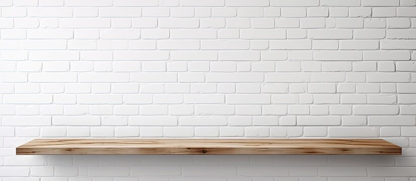 An image showing a wooden shelf mounted on a white brick wall background