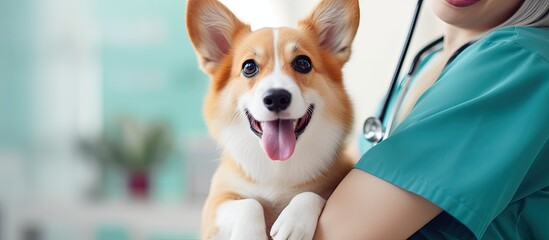 A dog is sitting on a woman's lap while a doctor's arm is visible in the background