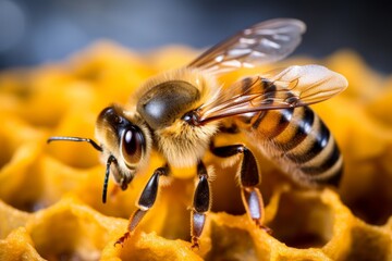 A queen bee works with wax in the honey comb making organic honey. - obrazy, fototapety, plakaty