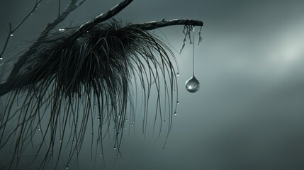 A Drop of Water Suspended From a Tree Branch - obrazy, fototapety, plakaty