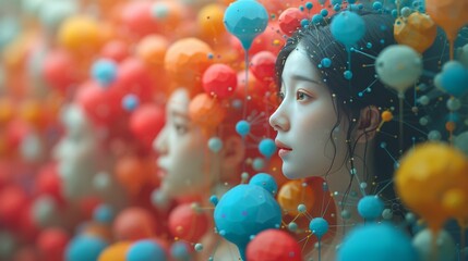 A striking digital art piece featuring a female figure with a surreal fusion of technology and organic elements, showcasing a vibrant palette of colors and interconnected spheres. - obrazy, fototapety, plakaty