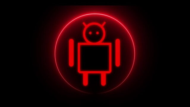 Android icon, Mobile devices with neon circle animation on black background. 