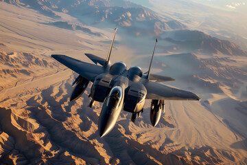 Fighter jet soaring above desert terrain