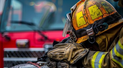 Firefighter's helmet and gloves on the hood of a fire engine