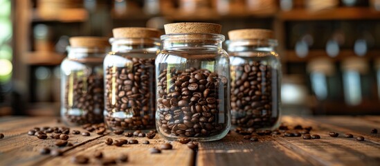 Several glass jars filled with coffee beans sit on a rustic wooden table, exuding a rich aroma.