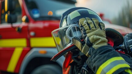 Firefighter's helmet and gloves on the hood of a fire engine