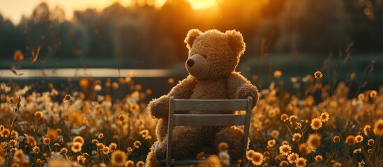 A teddy bear sits comfortably in a chair placed amidst a field of vibrant flowers, under the open sky.