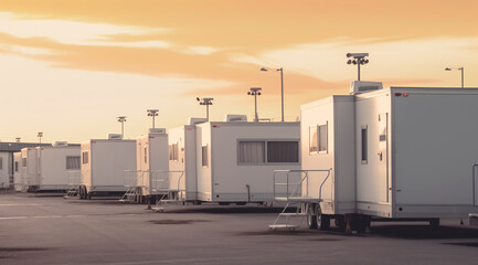 A row of white trailers sit in a parking lot