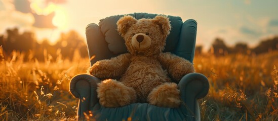 An adorable teddy bear sits in a chair placed in a wide field, under the open sky.