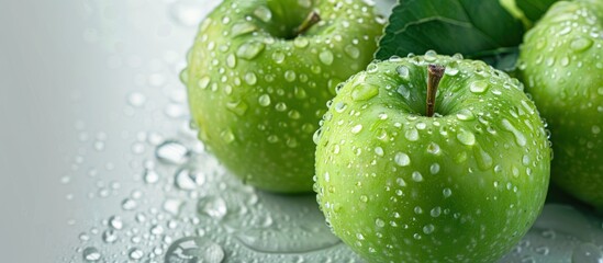 A bunch of fresh ripe green apples sitting on top of a wooden table. - Powered by Adobe