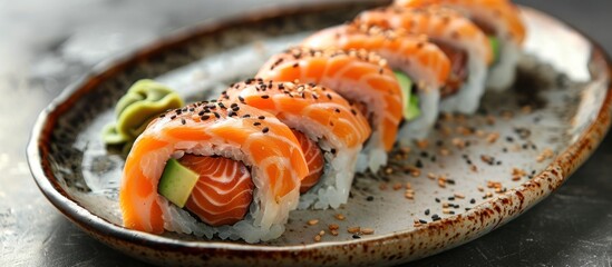 A plate is filled with delicious and fresh salmon sushi rolls, neatly arranged on a wooden table.