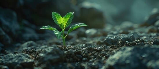 A tiny green plant is growing from the earth, showcasing the resilience and beauty of nature in its simplest form. - obrazy, fototapety, plakaty