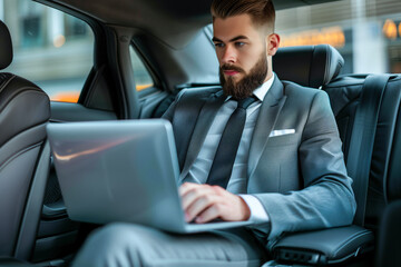 Handsome businessman working on laptop computer while sitting in luxury car.