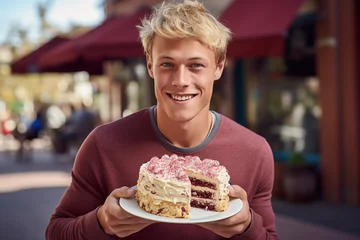 Poster Young handsome blonde man at outdoors holding cake © luismolinero