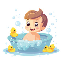 Obraz na płótnie Canvas Baby taking a bath playing with foam bubbles and ye