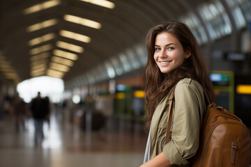 Young pretty brunette girl at indoors holding a suitcase