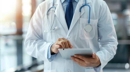 A doctor in a white coat with a stethoscope is using a tablet in a hospital corridor.
