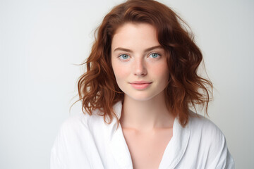 Fototapeta premium Young pretty brunette girl over isolated white background in a bathrobe