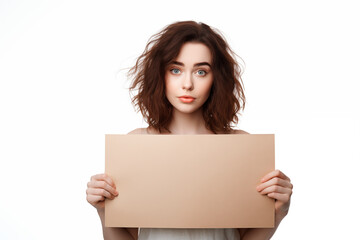 Naklejka premium Young pretty brunette girl over isolated white background holding an empty placard
