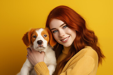 Young pretty Redhead girl over colorful background with a dog