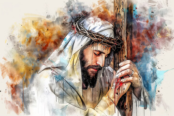 Naklejka premium Jesus takes up his Cross. Digital watercolor painting illustration