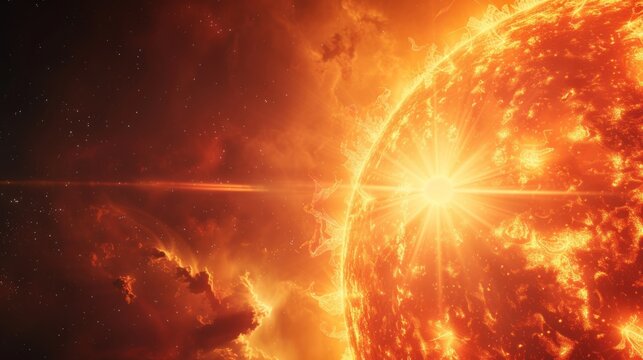3d illustration Sun surface with burning solar flares red background. AI generated image