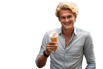 Young handsome blonde man  with a cornet ice cream on isolated chroma key background