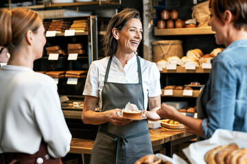 Joyful baker interacts with customers in her bakery, candid. - obrazy, fototapety, plakaty