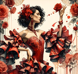 Aquarelle : danseuse de flamenco rouge