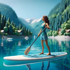Personnage en pâte à modeler : Femme faisant du paddle - obrazy, fototapety, plakaty