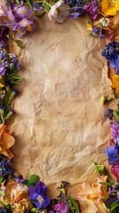 Wildflowers arranged on aged parchment paper, leaving the middle section open for text, creating an exquisite floral card - obrazy, fototapety, plakaty