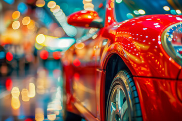 New cars display in luxury showroom with light bokeh in motor show event - obrazy, fototapety, plakaty