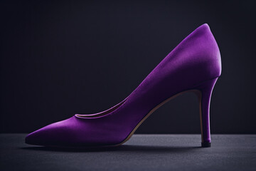 Pair of dress women shoes isolated over dark background, silky shiny purple high heeled stilettos isolated on black