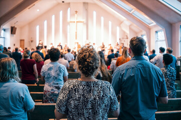 Back view of a diverse congregation standing together in worship inside a modern church, a scene of community and spirituality.

 - obrazy, fototapety, plakaty