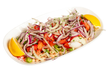 Bean salad. Belarus salad isolated on white background. This salad is made with beans, onion, parsley, chili peppers, sumac, lemon juice and olive oil. Local name piyaz salatasi