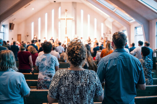 Back view of a diverse congregation standing together in worship inside a modern church, a scene of community and spirituality.

