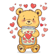 Bear hold jar with heart hand drawn.Cartoon charact
