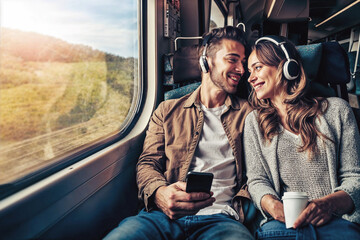 A young couple shares a joyful moment listening to music together on a train, showcasing shared experiences and connectivity.

