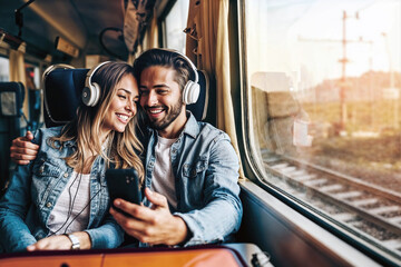 A young couple shares a joyful moment listening to music together on a train, showcasing shared experiences and connectivity.

