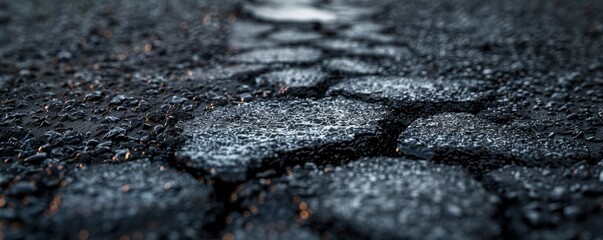 Detailed close-up of asphalt machine tracks on a road construction site