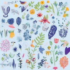 A collection of seamless pattern, colorful abstract plants and flowers. Hand drawn Collection of leaves and flowers. A close up of a pattern of flowers and leaves.
