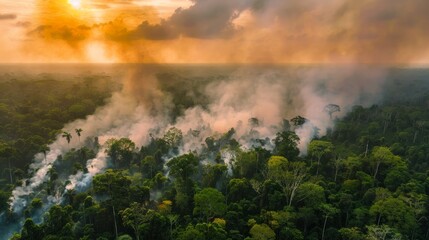 Smoke rising from a dense forest signaling a forest fire