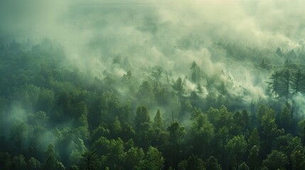 Smoke rising from a dense forest signaling a forest fire - obrazy, fototapety, plakaty