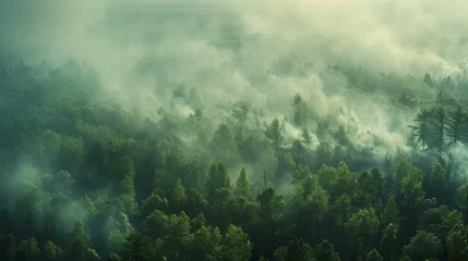 Poster Smoke rising from a dense forest signaling a forest fire © Chingiz