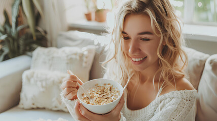 Obraz na płótnie Canvas Young woman eating oatmeal in white living room