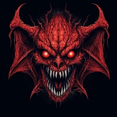 Red devil face with horns and glowing red eyes on a black background.